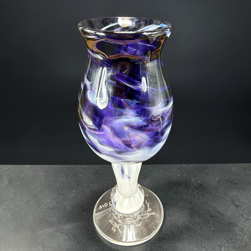 Shane Fero Handblown Art Glass Purple Blue Swirl Signed Pedestal Vase 2012 8"